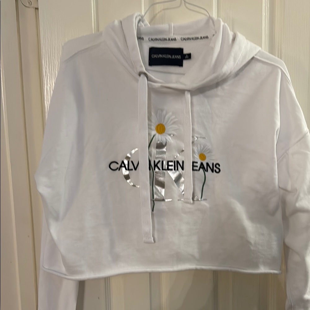 Calvin Klein White Cropped Hoodie with Daisy Design